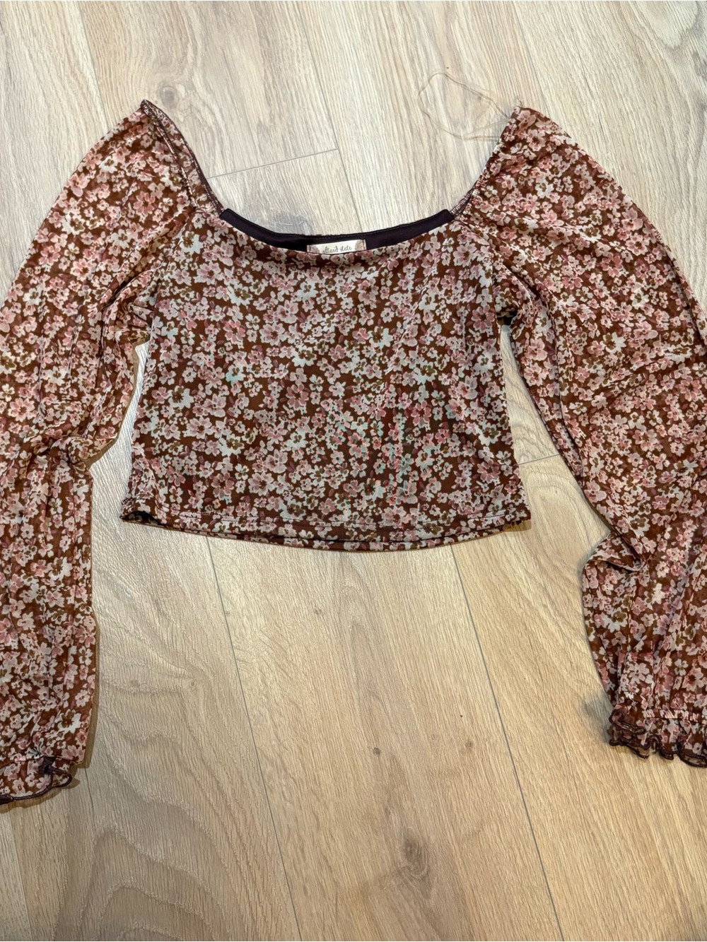 Altar'd State Pink Floral Sheer Puff-Sleeve Crop Top on Brown